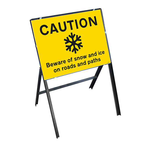 Caution Slippery Surface Beware Of Snow and Ice On Roads and Paths with Stanchion Frame