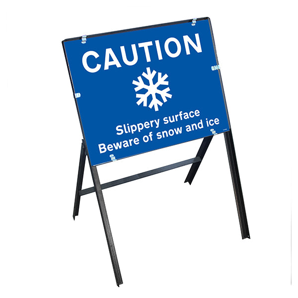 Caution Slippery Surface Beware Snow and Ice with Stanchion Frame
