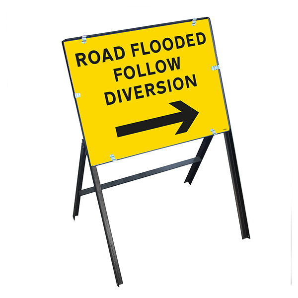 Road Flooded Follow Diversion Arrow Right with Stanchion Frame