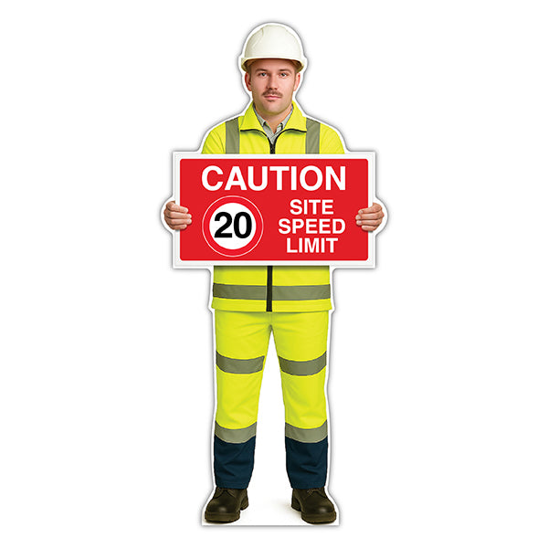 Life-Size Construction Worker Sign – John – Caution 20 MPH Speed Limit