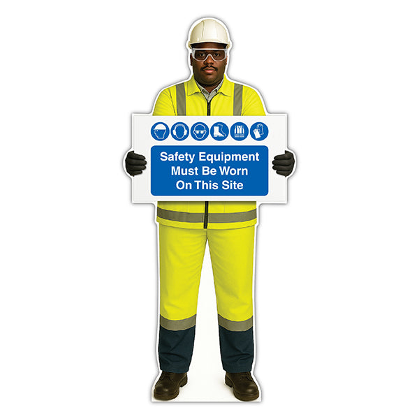 Life-Size Construction Worker Sign – Ahmed – Safety Equipment Must Be Worn