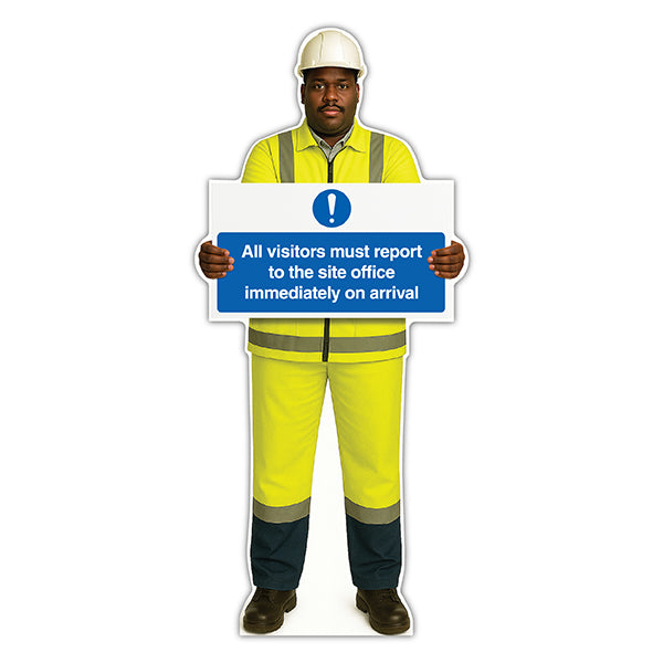 Life-Size Construction Worker Sign – Ahmed – Report To Site Office Arrival