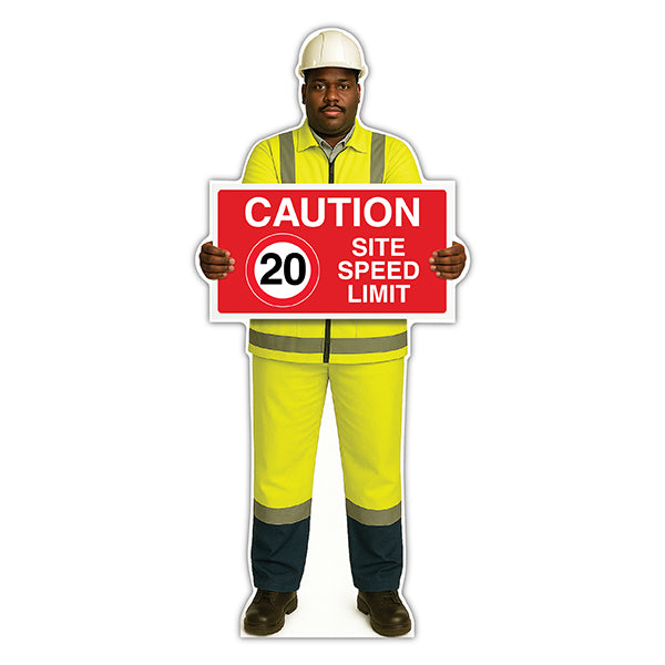 Life-Size Construction Worker Sign – Ahmed – Caution 20 MPH Speed Limit