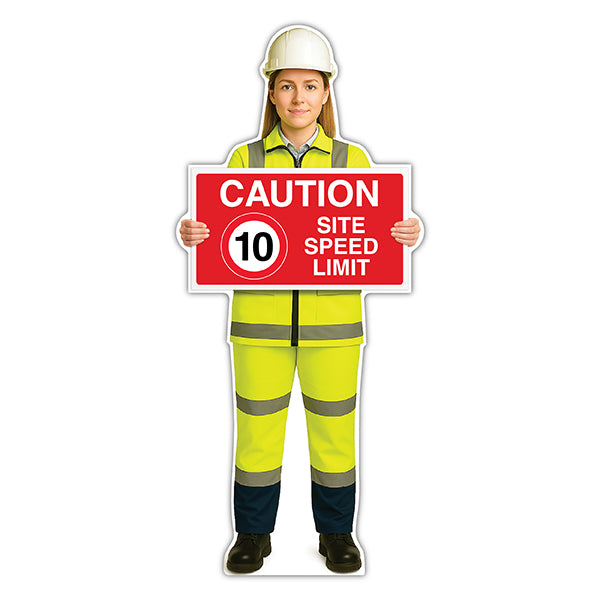 Life-Size Construction Worker Sign – Sofia – Caution 10 MPH Speed Limit