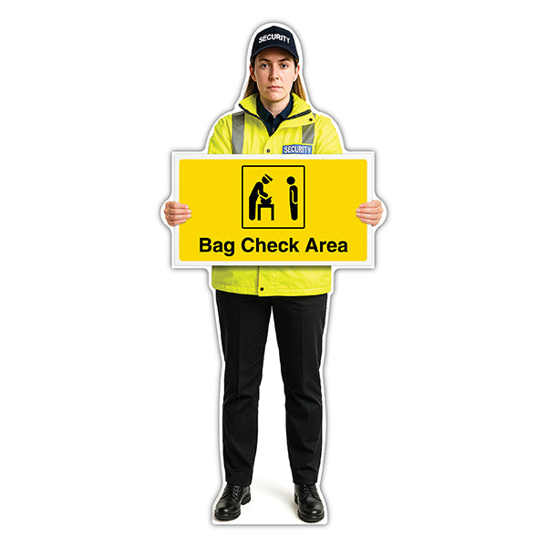 Life-Size Security Guard Sign – Lara – Bag Check Area