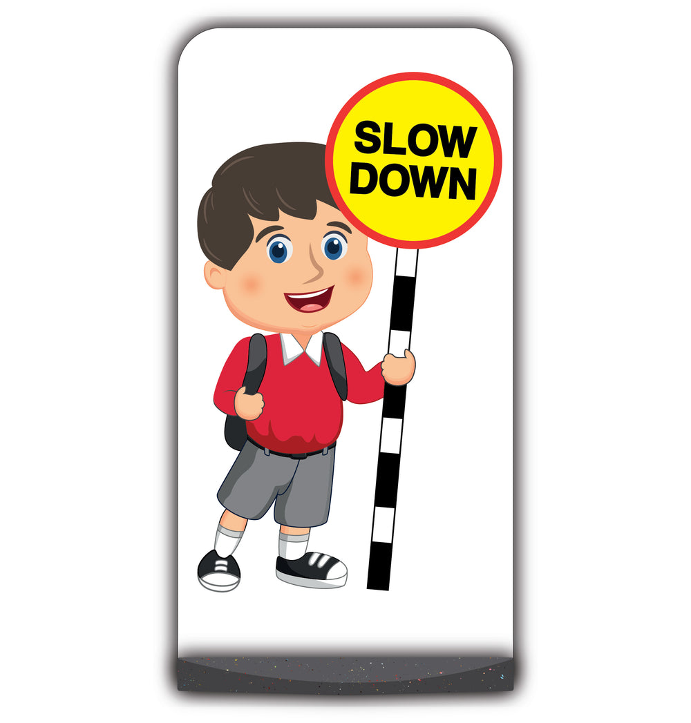 School Kid Flat Panel Pavement Sign – Charlie – Slow Down – Red Uniform