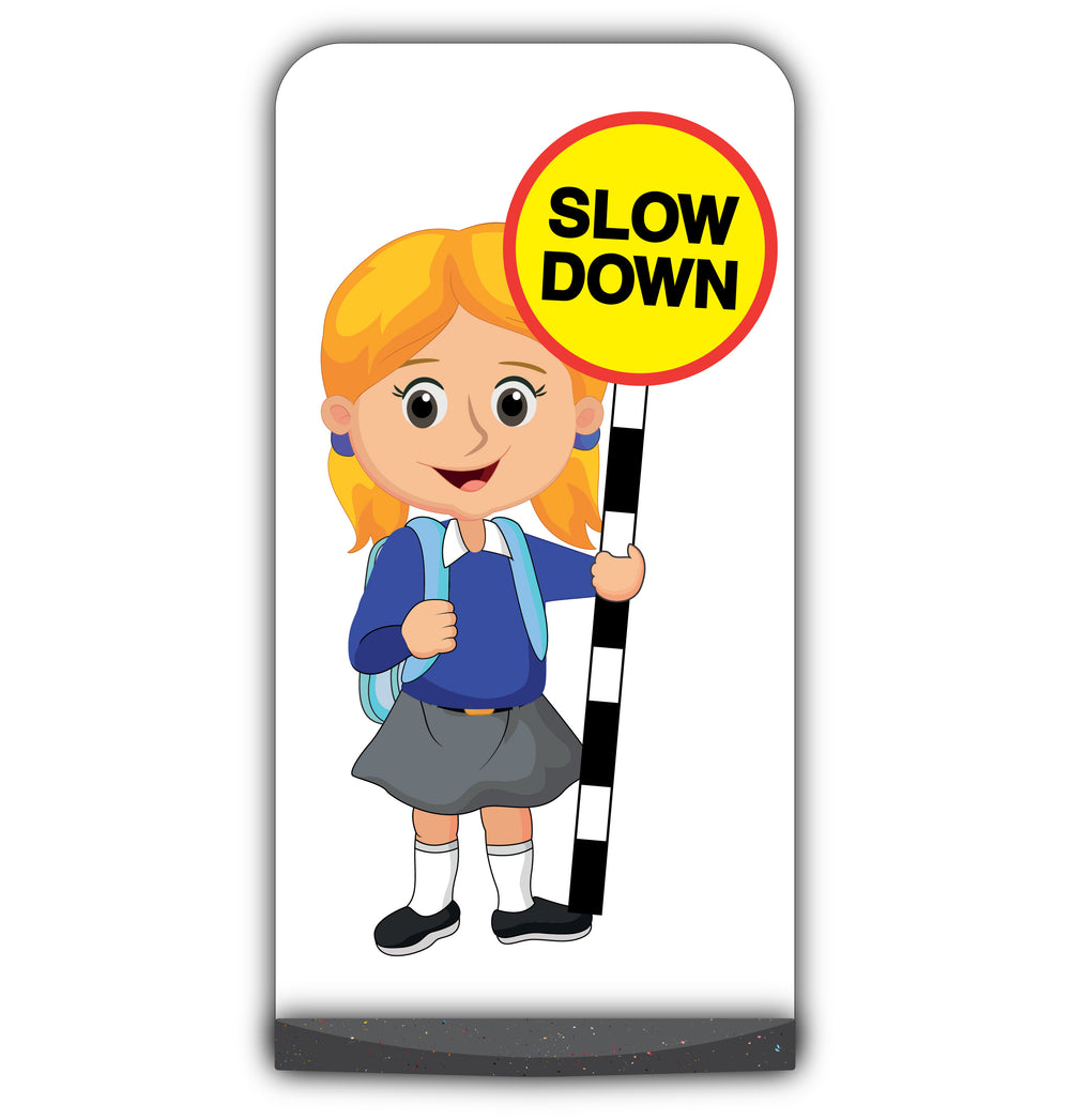 School Kid Flat Panel Pavement Sign – Jess – Slow Down – Blue Uniform