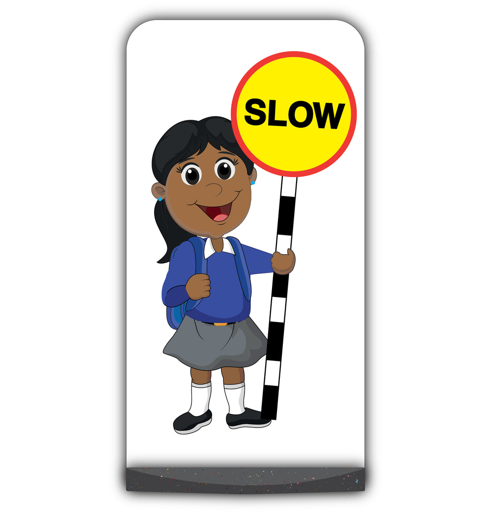 School Kid Flat Panel Pavement Sign – Ruby – Slow – Blue Uniform