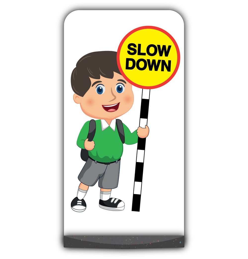 School Kid Flat Panel Pavement Sign – Charlie – Slow Down – Green Uniform