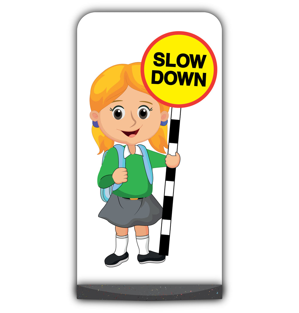 School Kid Flat Panel Pavement Sign – Jess – Slow Down – Green Uniform
