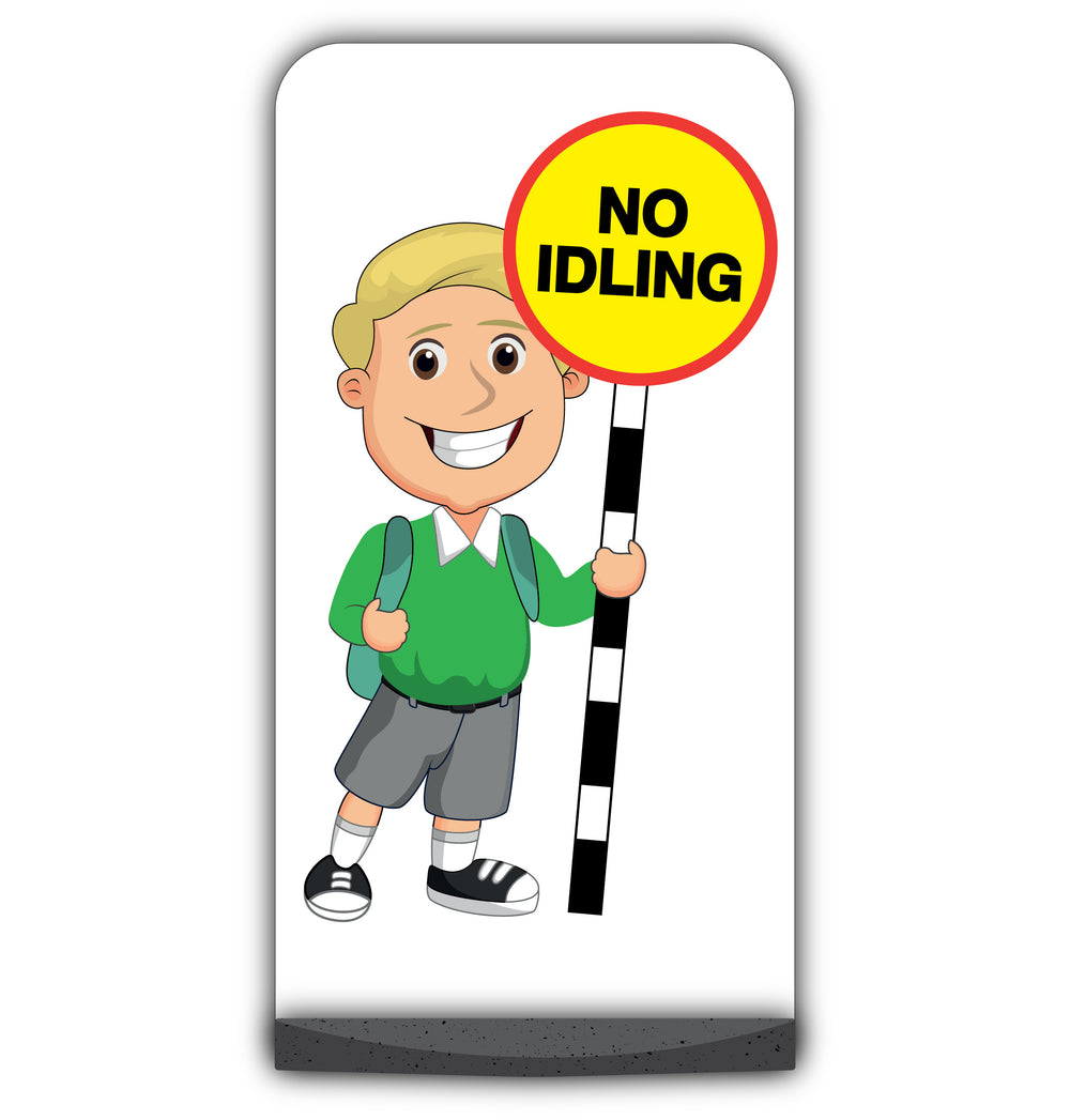 School Kid Flat Panel Pavement Sign – Finn – No Idling – Green Uniform