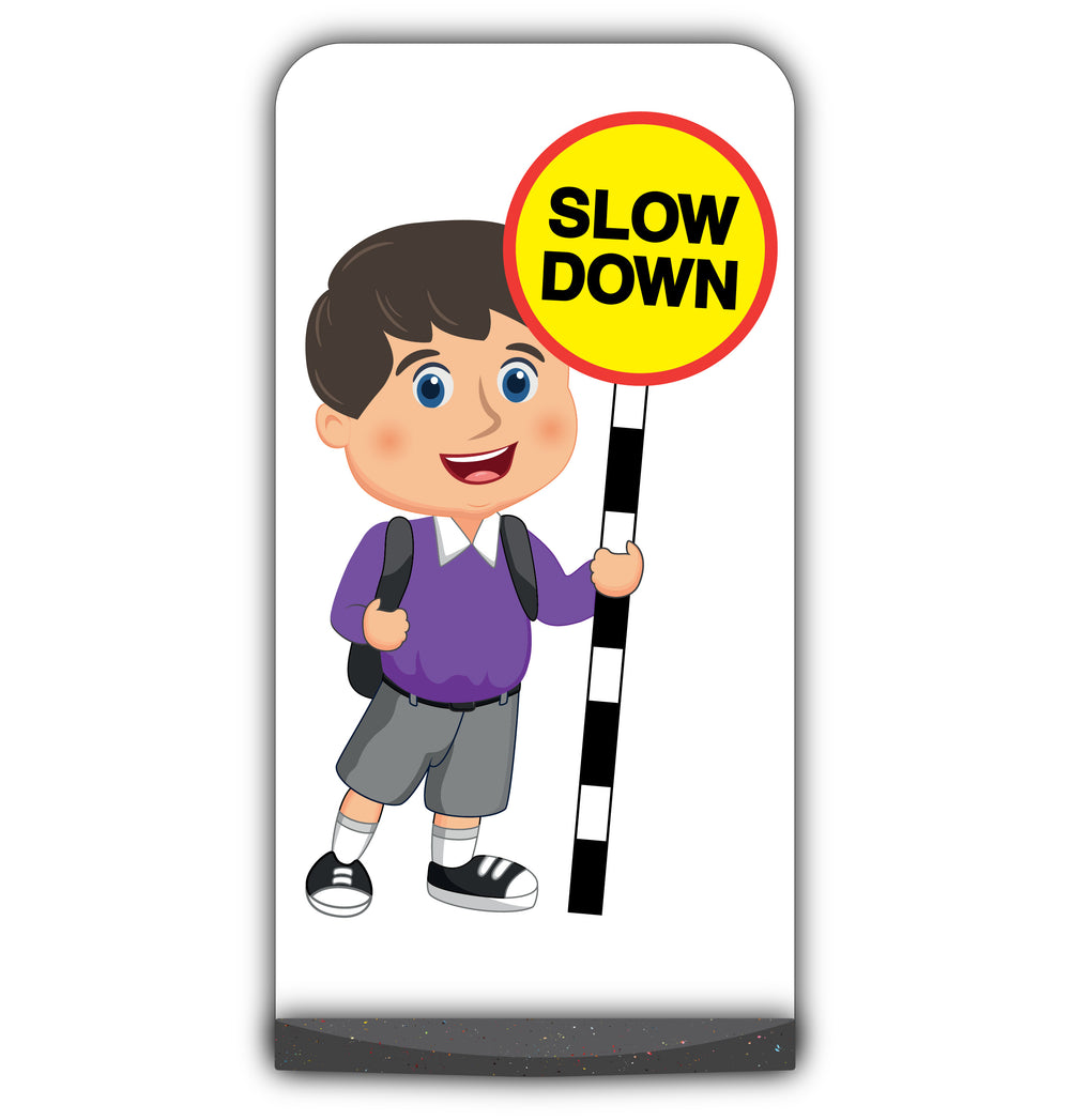 School Kid Flat Panel Pavement Sign – Charlie – Slow Down – Purple Uniform