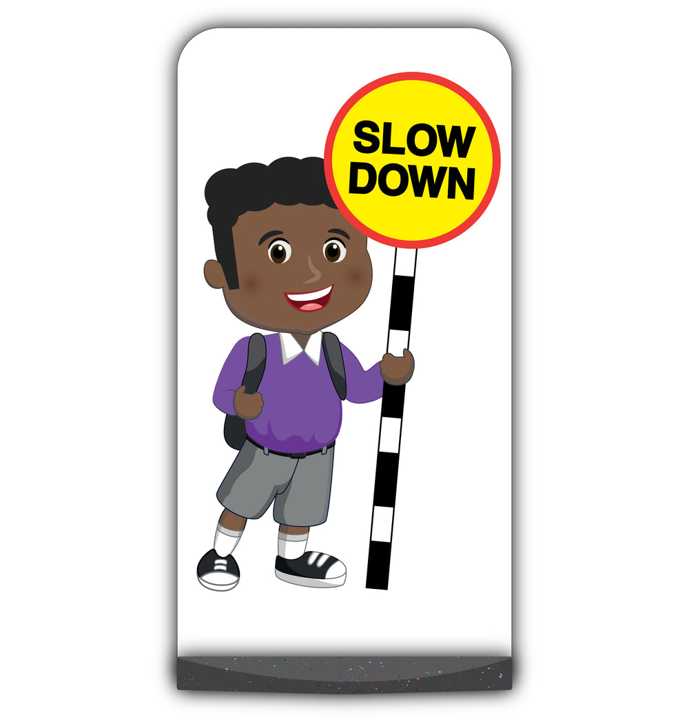 School Kid Flat Panel Pavement Sign – Toby – Slow Down – Purple Uniform