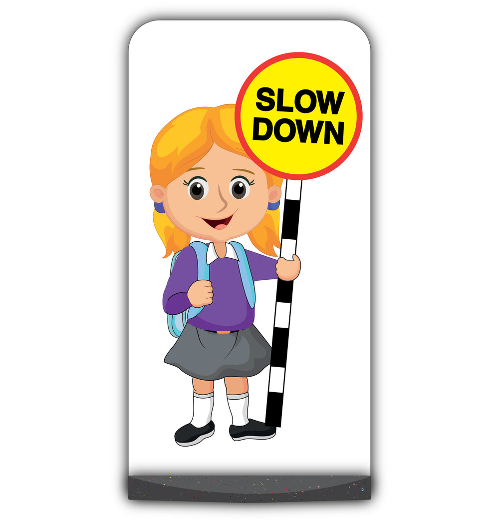 School Kid Flat Panel Pavement Sign – Jess – Slow Down – Purple Uniform