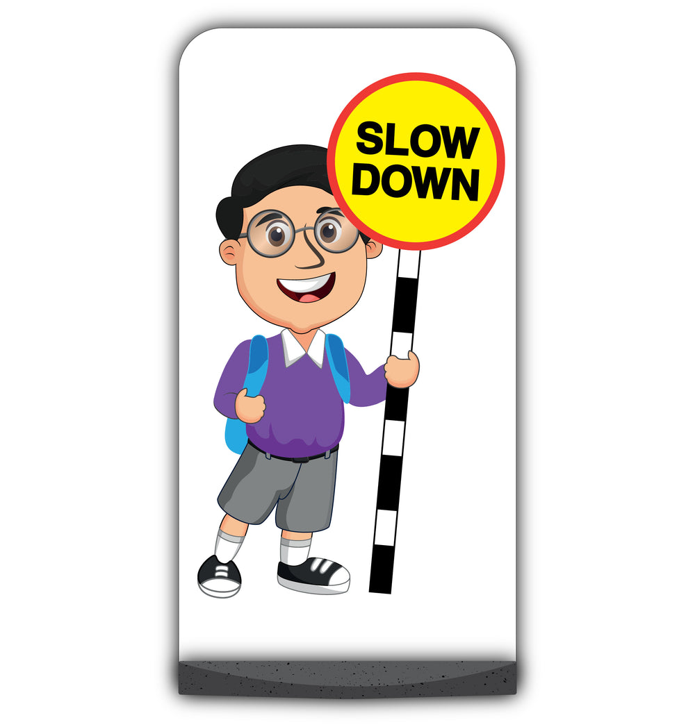 School Kid Flat Panel Pavement Sign – Liam – Slow Down – Purple Uniform