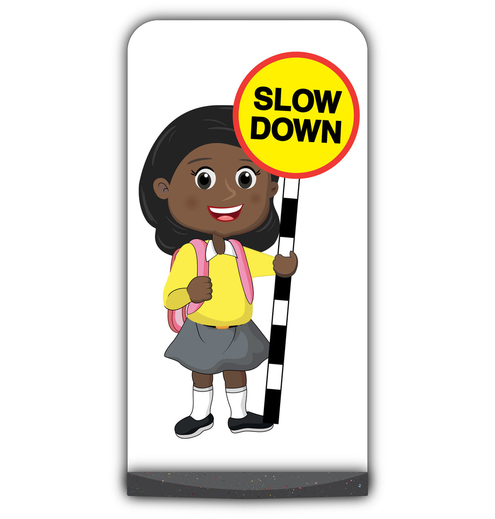 School Kid Flat Panel Pavement Sign – Naomi – Slow Down – Yellow Uniform