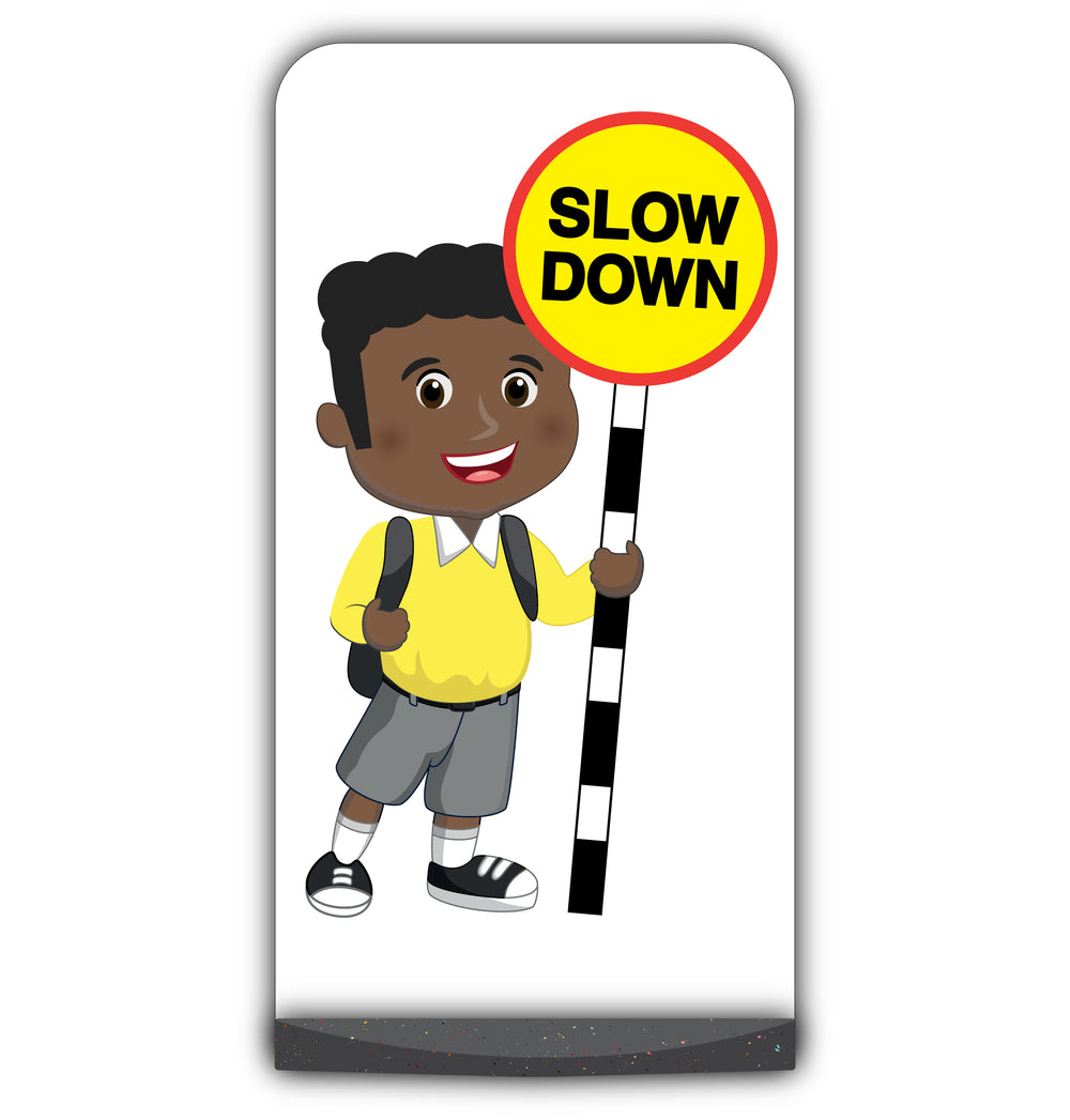 School Kid Flat Panel Pavement Sign – Toby – Slow Down – Yellow Uniform