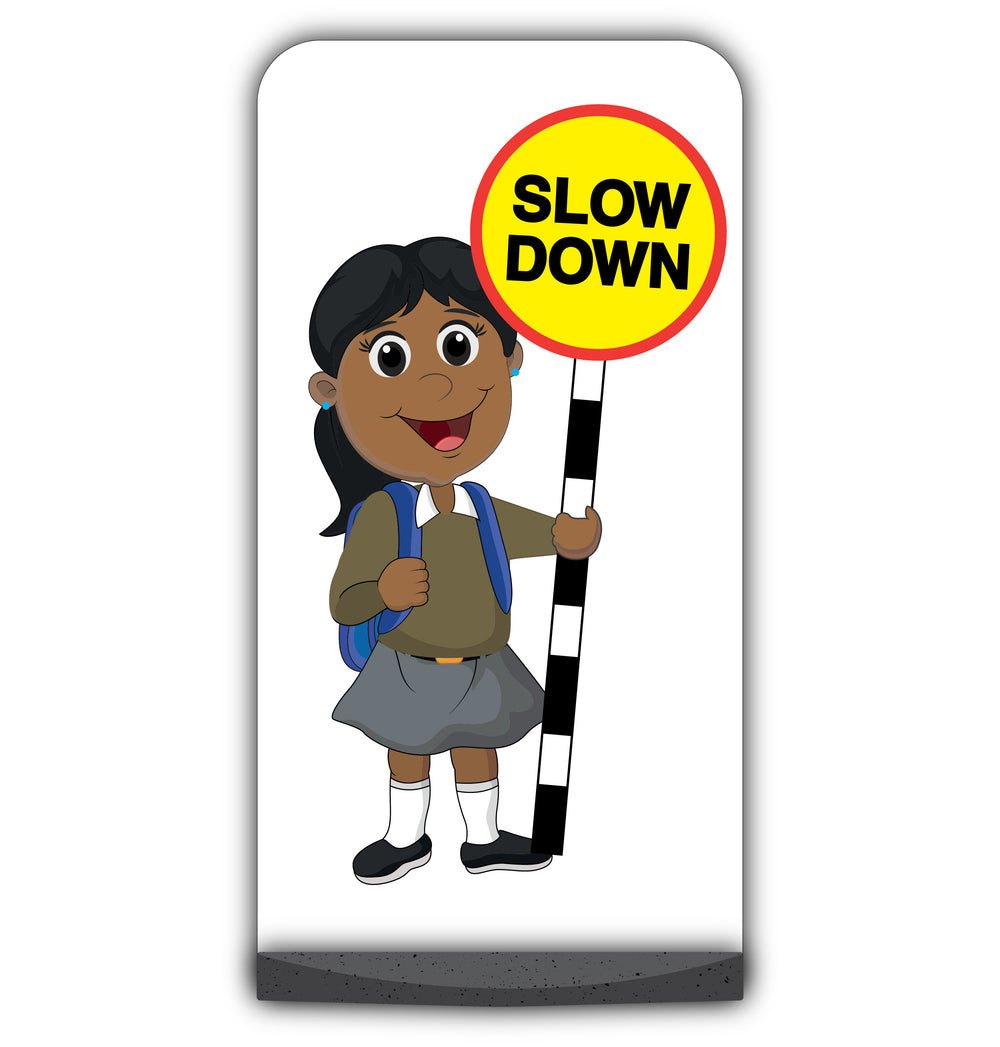 School Kid Flat Panel Pavement Sign – Ruby – Slow Down – Brown Uniform