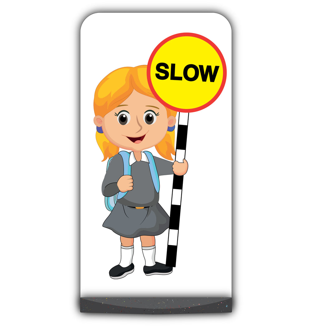 School Kid Flat Panel Pavement Sign – Jess – Slow – Grey Uniform