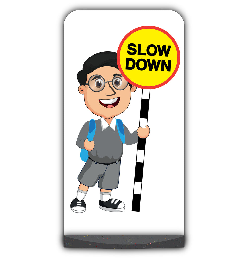 School Kid Flat Panel Pavement Sign – Liam – Slow Down – Grey Uniform