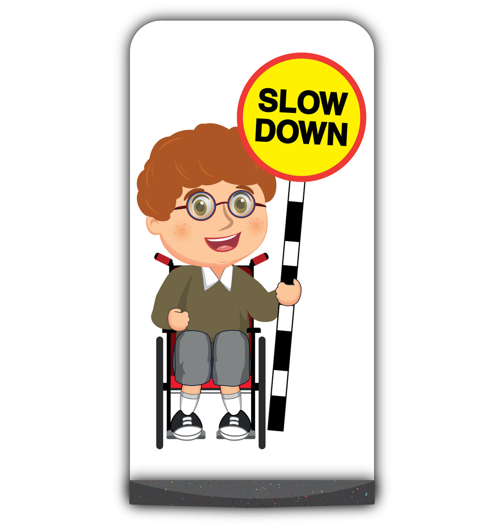 School Kid Flat Panel Pavement Sign – Ben – Slow Down – Brown Uniform