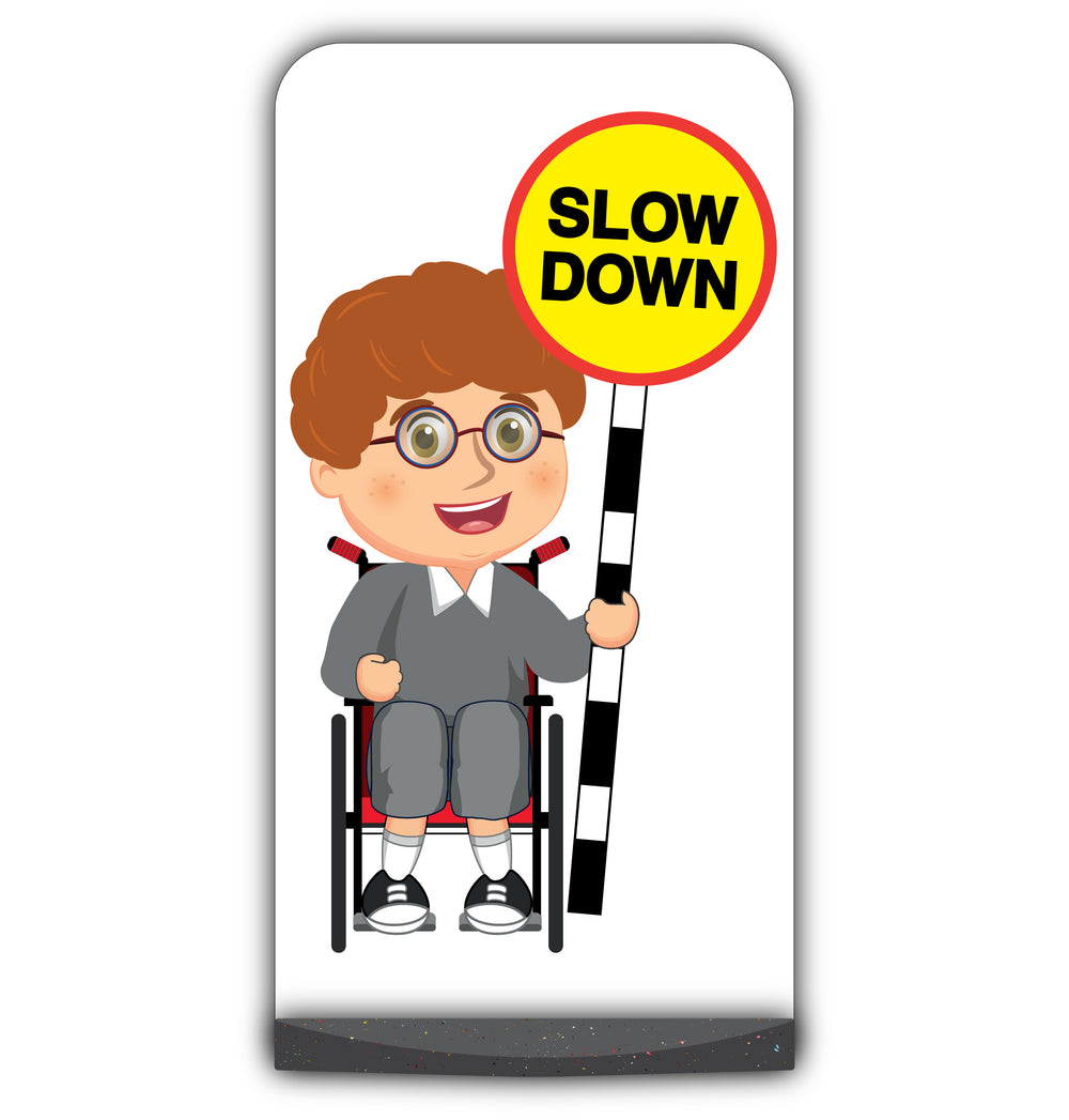 School Kid Flat Panel Pavement Sign – Ben – Slow Down – Grey Uniform