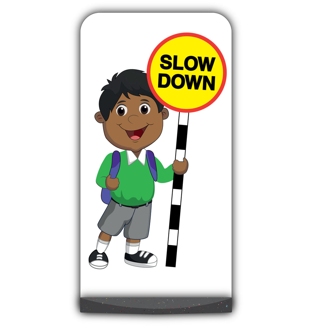 School Kid Flat Panel Pavement Sign – Kamal – Slow Down – Green Uniform