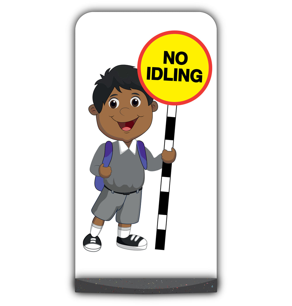 School Kid Flat Panel Pavement Sign – Kamal – No Idling – Grey Uniform