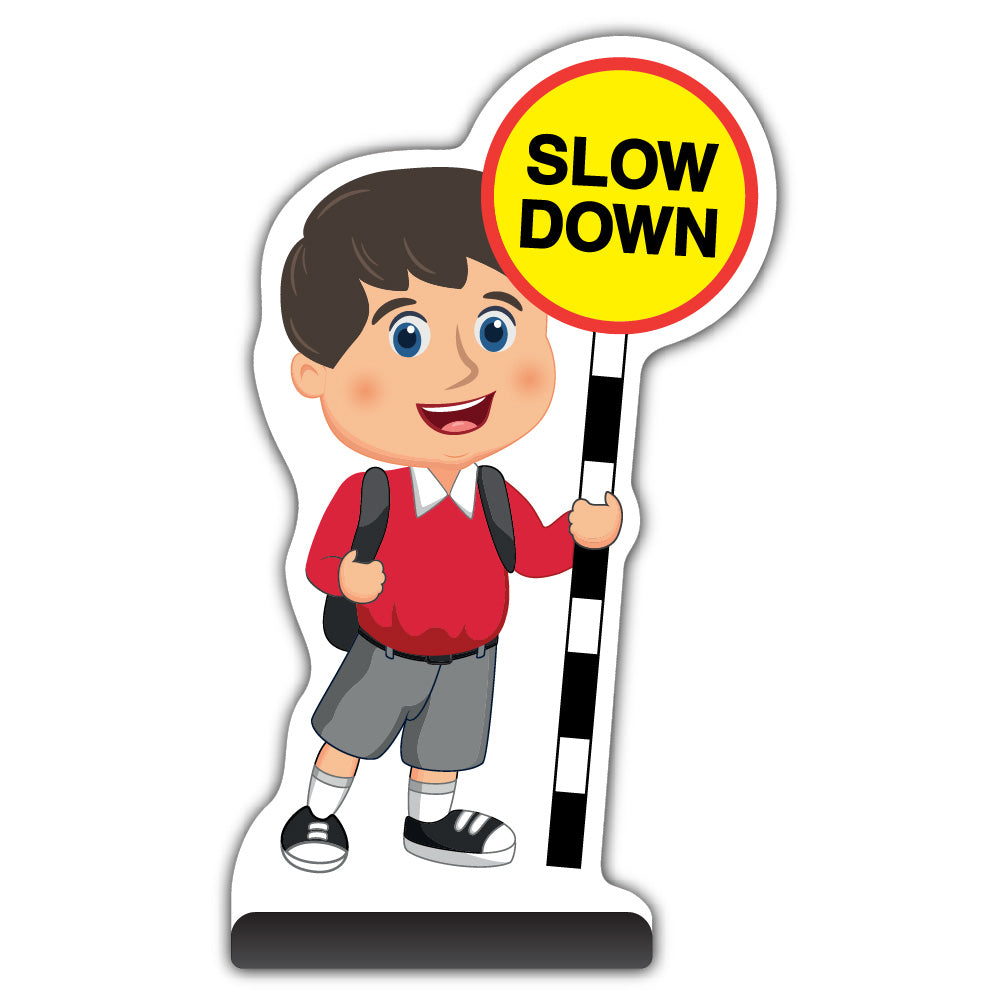 School Kid Cut Out Pavement Sign – Charlie – Slow Down – Red Uniform