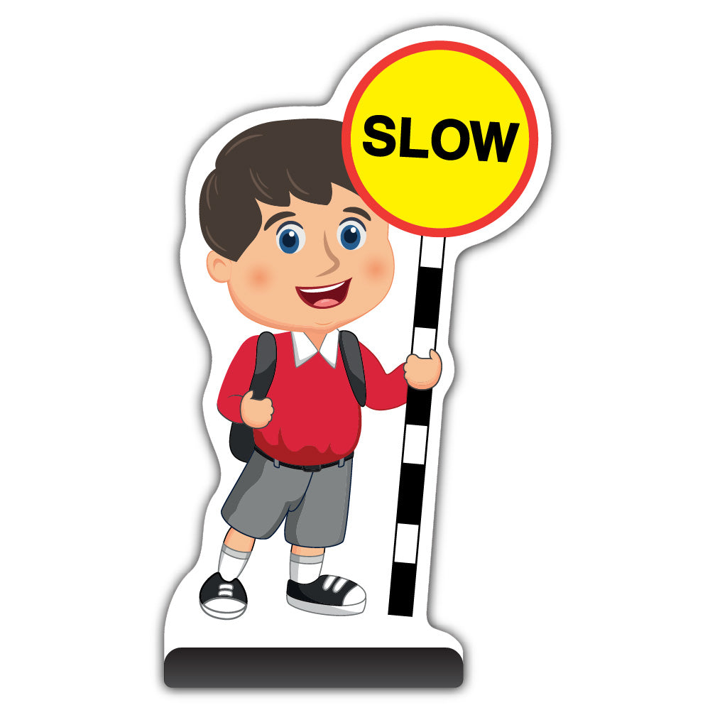 School Kid Cut Out Pavement Sign – Charlie – Slow – Red Uniform