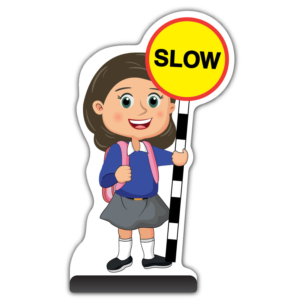 School Kid Cut Out Pavement Sign – Mollie – Slow – Blue Uniform