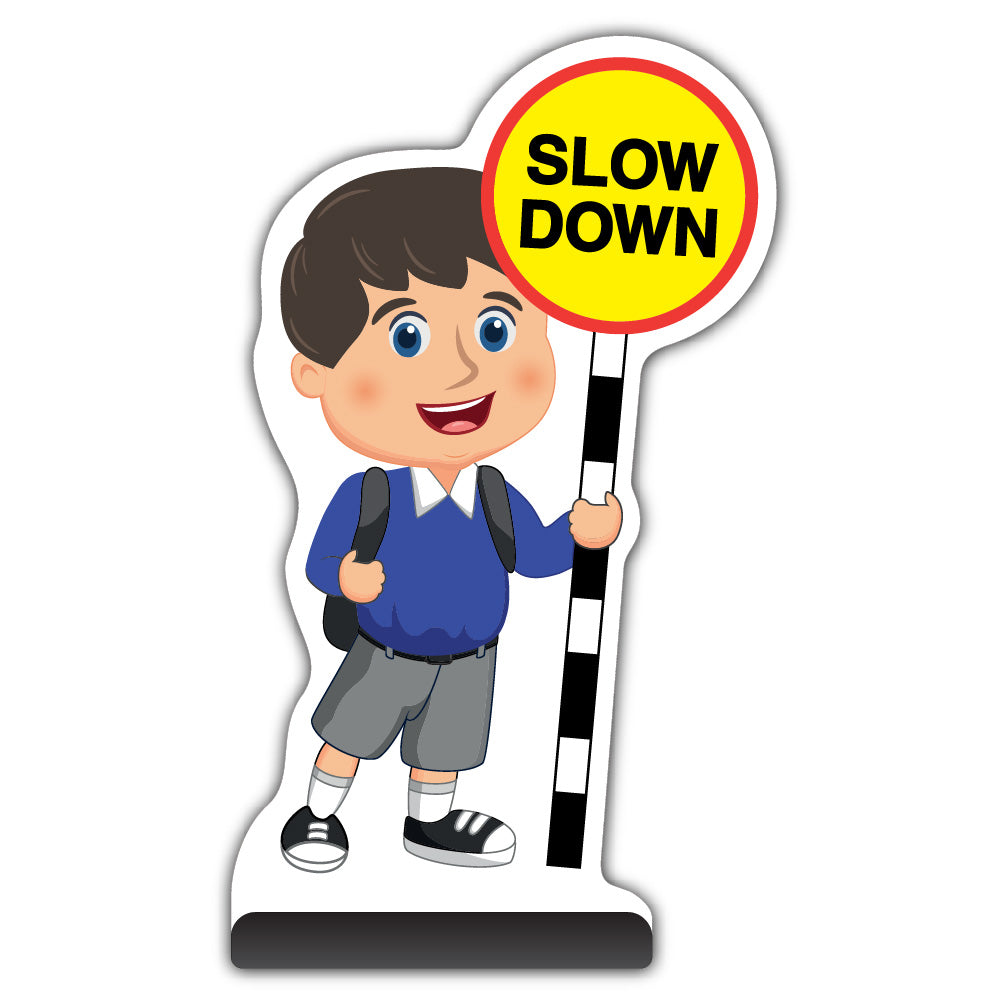 School Kid Cut Out Pavement Sign – Charlie – Slow Down – Blue Uniform