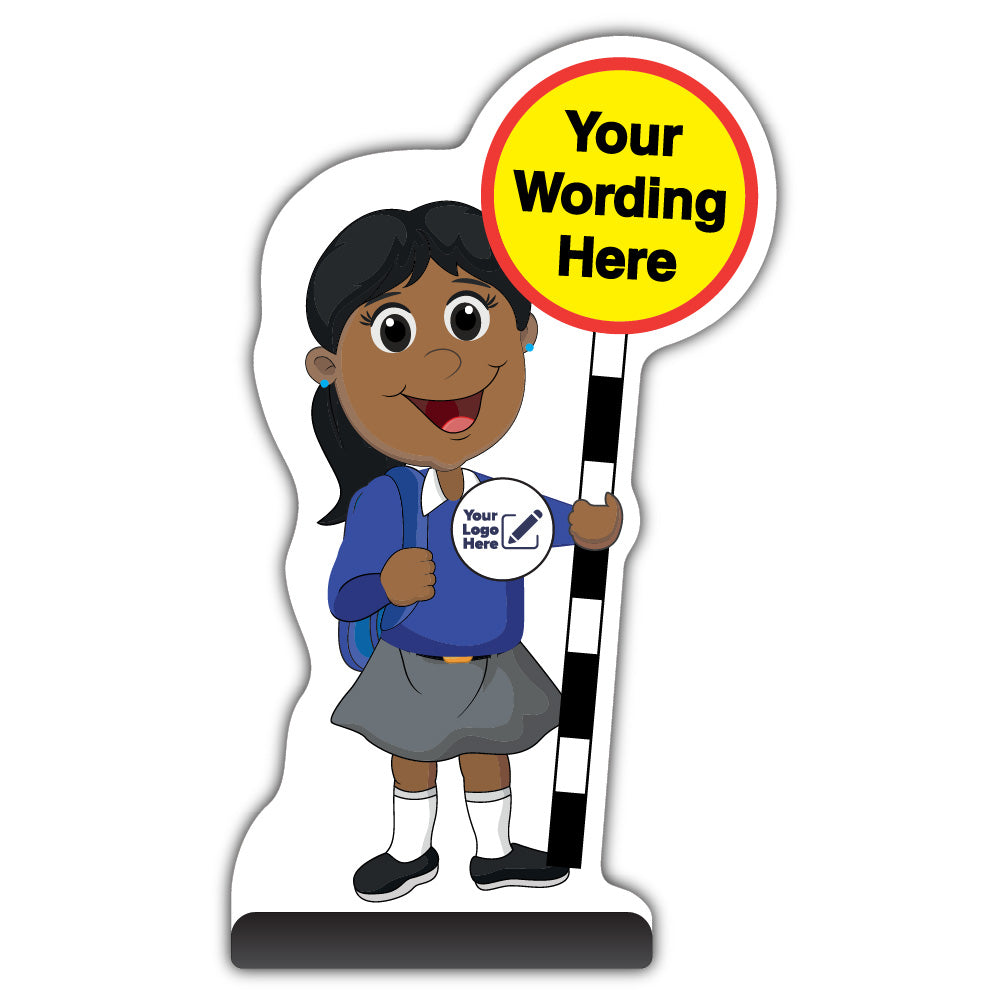 Custom Kid Cut Out Pavement Sign – Ruby – Blue Uniform – Add Your Logo