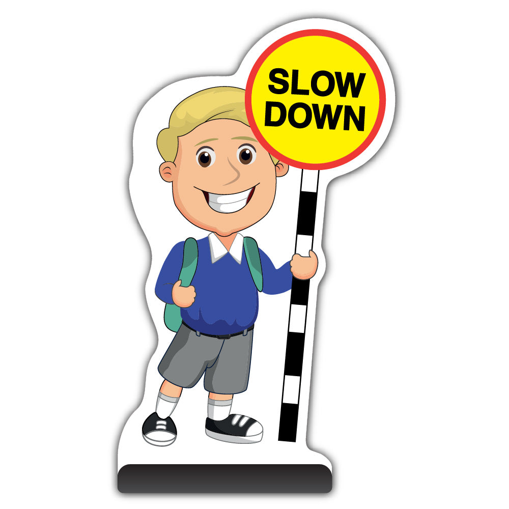 School Kid Cut Out Pavement Sign – Finn – Slow Down – Blue Uniform