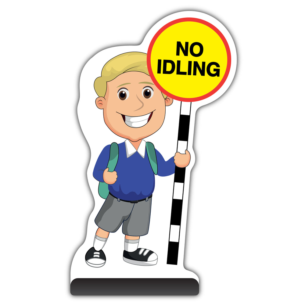 School Kid Cut Out Pavement Sign – Finn – No Idling – Blue Uniform