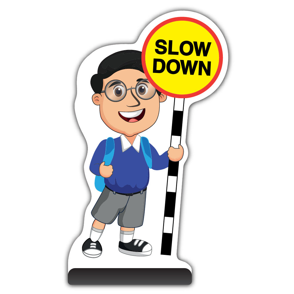 School Kid Cut Out Pavement Sign – Liam – Slow Down – Blue Uniform