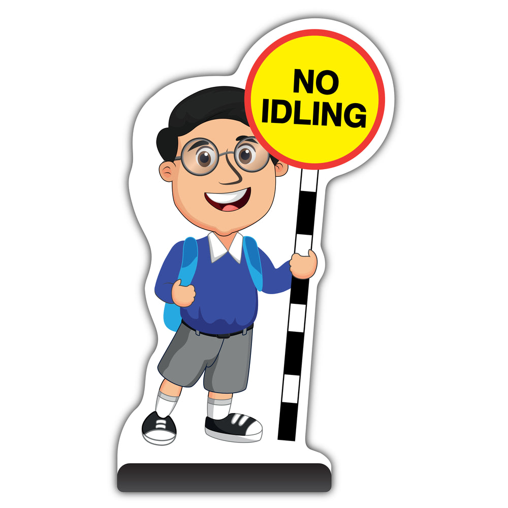 School Kid Cut Out Pavement Sign – Liam – No Idling – Blue Uniform