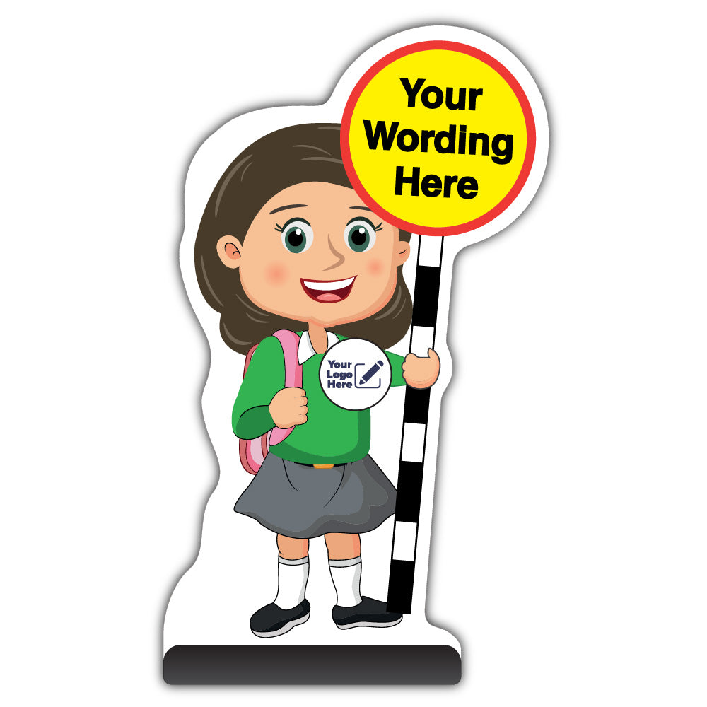 Custom Kid Cut Out Pavement Sign – Mollie – Green Uniform – Add Your Logo