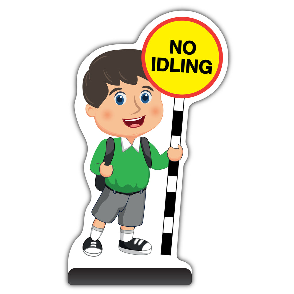 School Kid Cut Out Pavement Sign – Charlie – No Idling – Green Uniform