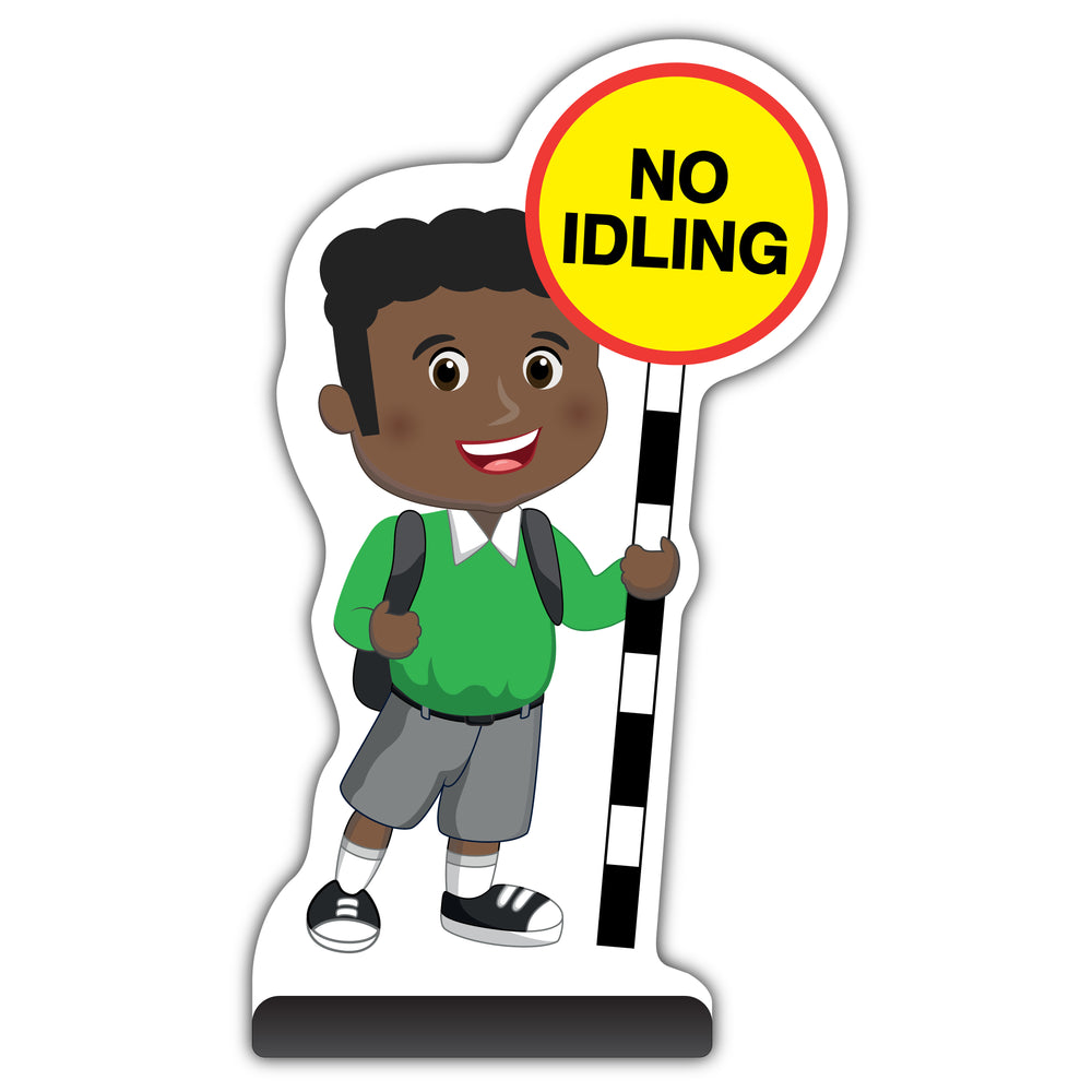School Kid Cut Out Pavement Sign – Toby – No Idling – Green Uniform