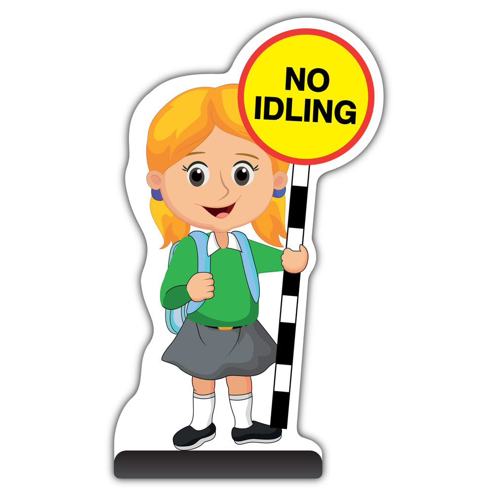 School Kid Cut Out Pavement Sign – Jess – No Idling – Green Uniform