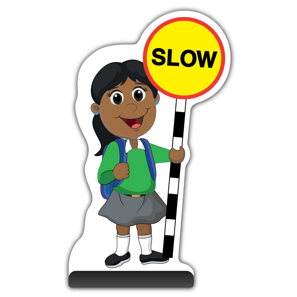 School Kid Cut Out Pavement Sign – Ruby – Slow – Green Uniform