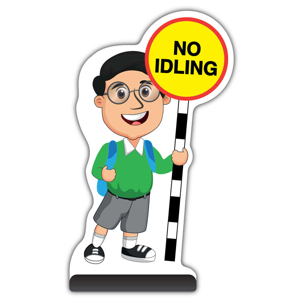 School Kid Cut Out Pavement Sign – Liam – No Idling – Green Uniform