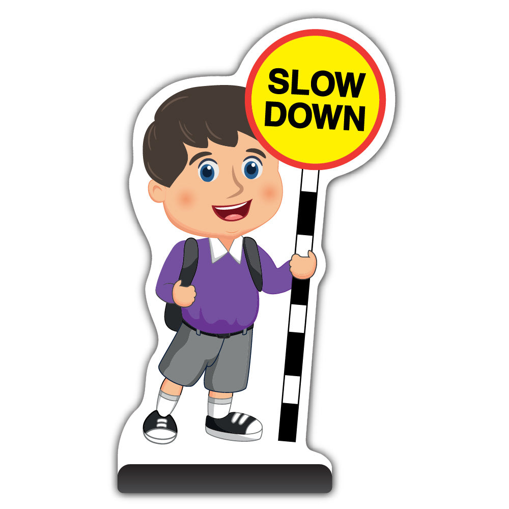 School Kid Cut Out Pavement Sign – Charlie – Slow Down – Purple Uniform