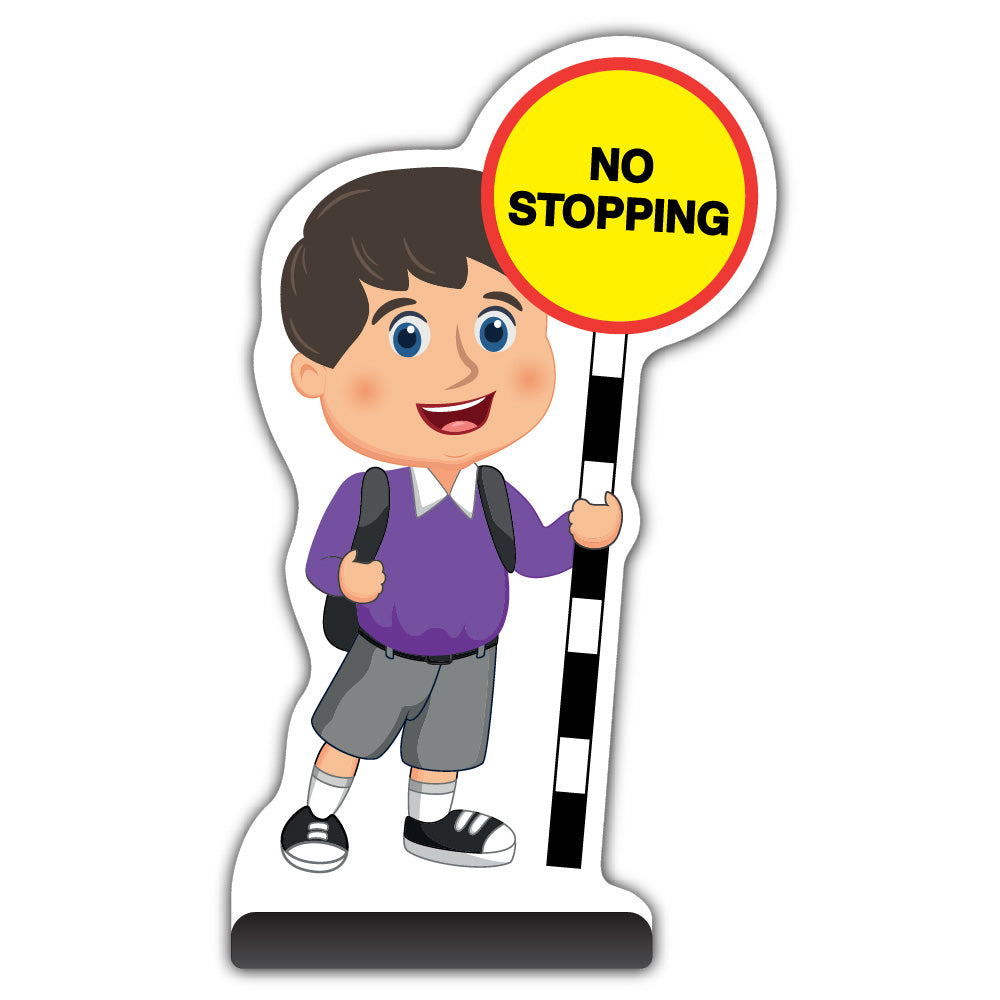 School Kid Cut Out Pavement Sign – Charlie – No Stopping – Purple Uniform