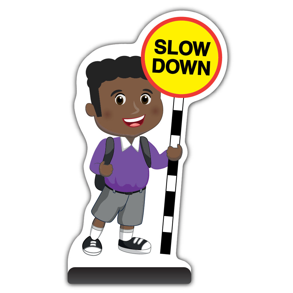 School Kid Cut Out Pavement Sign – Toby – Slow Down – Purple Uniform
