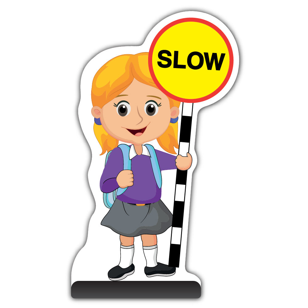 School Kid Cut Out Pavement Sign – Jess – Slow – Purple Uniform