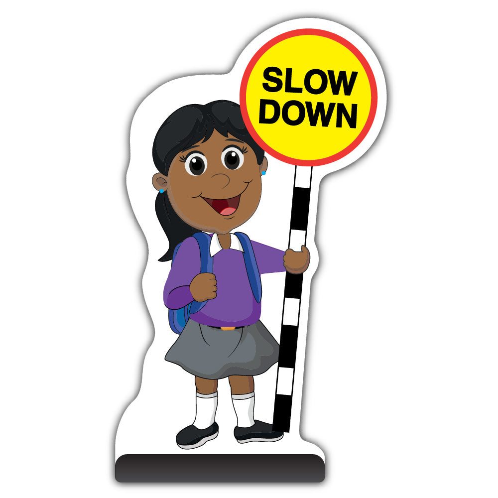 School Kid Cut Out Pavement Sign – Ruby – Slow Down – Purple Uniform