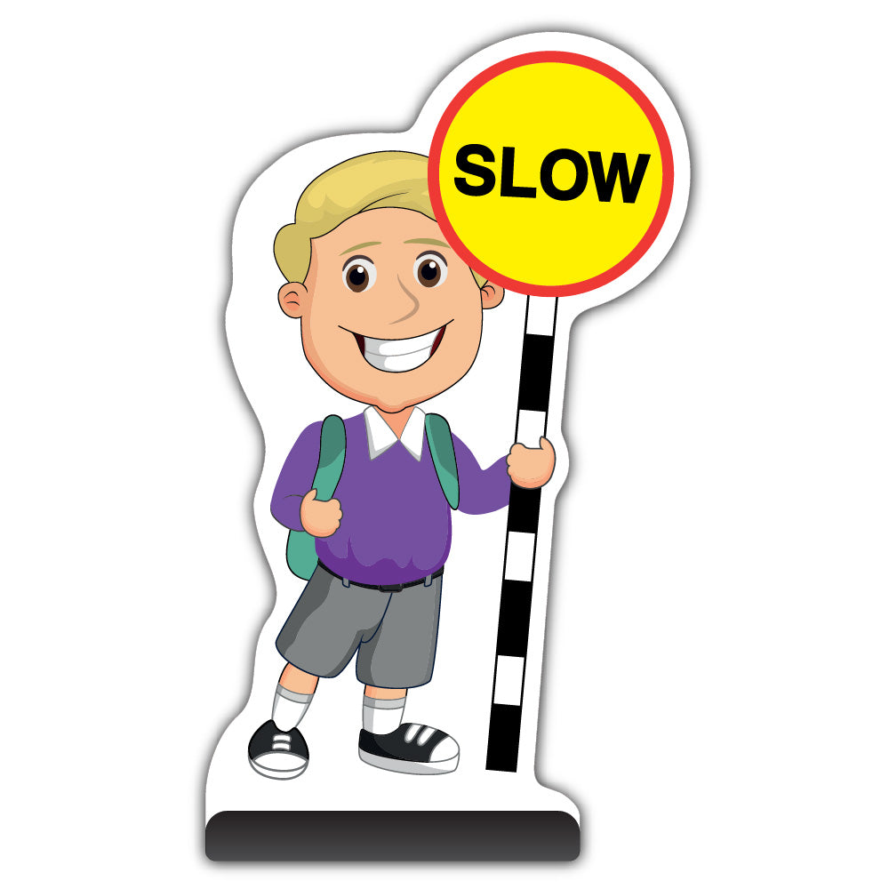School Kid Cut Out Pavement Sign – Finn – Slow – Purple Uniform