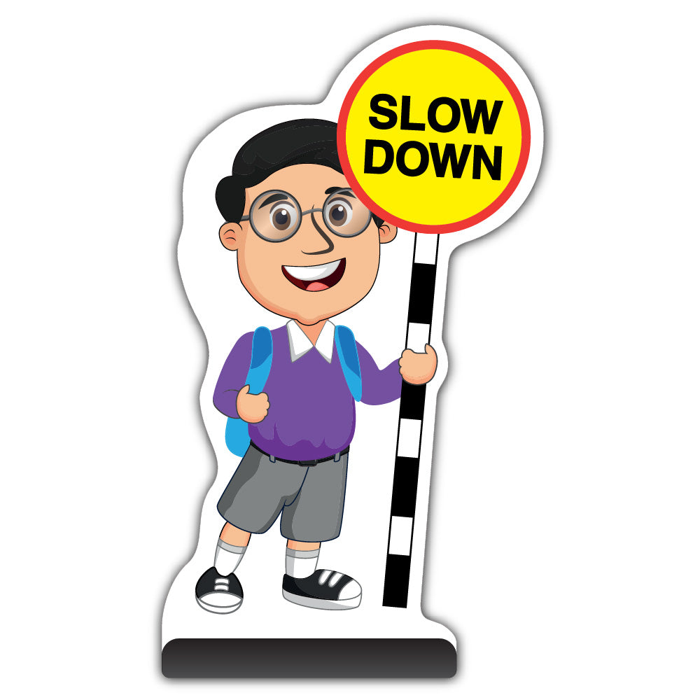 School Kid Cut Out Pavement Sign – Liam – Slow Down – Purple Uniform